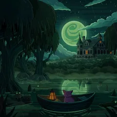 A purple cat in a rowboat with a glowing lantern on a rainy bayou, mossy cypress trees, a swirly green moon and a manor with orange windows