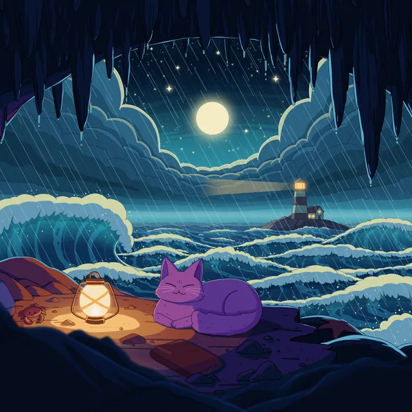 A purple cat curled asleep with a lantern on a cave ledge, looking out at huge waves, lightning and a distant lighthouse under the moon