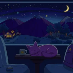 A purple cat asleep on a train table in a dark carriage, a star mug and backpack beside it, purple mountains and a crescent moon through the window