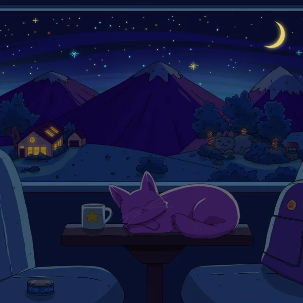 A purple cat asleep on a train table in a dark carriage, a star mug and backpack beside it, purple mountains and a crescent moon through the window