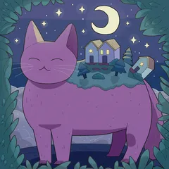 A big purple cat standing in a moonlit forest clearing with a little village of houses on its back, under a crescent moon